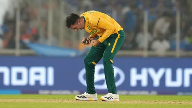 Keshav Maharaj of South Africa celebrates the wicket of Rinku Singh