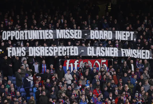 Crystal Palace fans with a banner in protest to ownership and manager Oliver Glasner