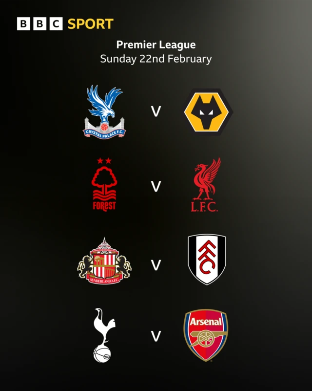 Graphic showing four Premier League games coming up today 22-02-26