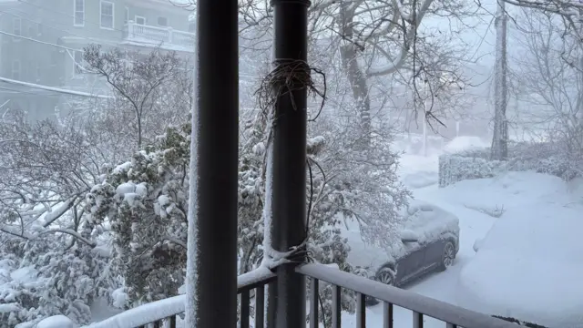 Photo of snowy scene from porch, taken by Mari Scheiffele in Cambridge, Massachusetts