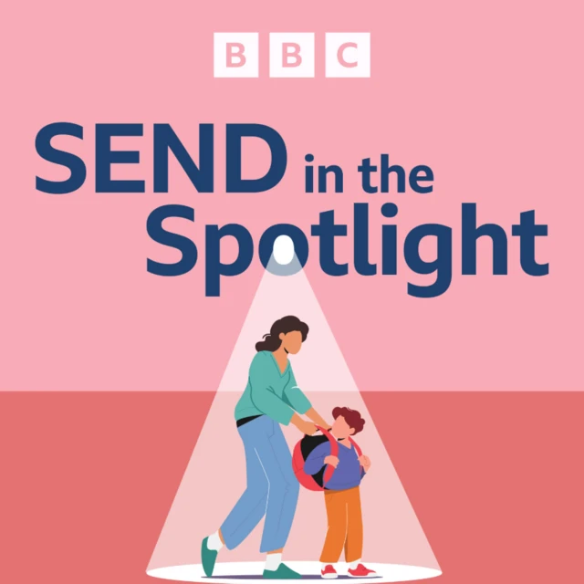 An graphic with a pink background and an illustration of a parent helping to put a backpack on a child's back. The illustration reads "SEND in the Spotlight"