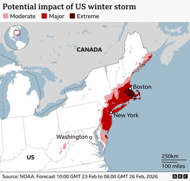 Map of east coast of the US based on NOAA’s winter storm severity index showing the potential impact between 23 and 26 February 2026. Areas are shaded light to dark red for moderate, major, and extreme impact - with extreme meaning people should expect substantial disruptions to daily life, such as dangerous or impossible driving conditions. The darkest areas cover parts of New York and Boston. Washington, DC sits in a moderate zone - with some hazardous conditions and possible closures.