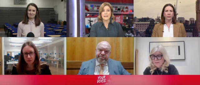 A screenshot from BBC News Channel with five women and one man in split image.