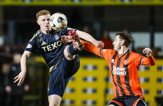 Aberdeen's Gavin Molloy (L) and Dundee United's Kristian Trapanovski (R) in action during a William Hill Premiership match between Dundee United and Aberdeen at the CalForth Construction Arena at Tannadice Park, on February 24, 2026, in Dundee, Scotland.