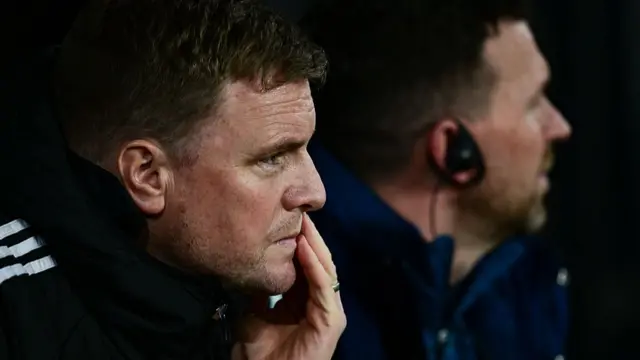 Newcastle United Head Coach Eddie Howe looks on during the UEFA Champions League 2025/26 League Knockout Play-off Second Leg match between Newcastle United FC and Qarabag FK at St James' Park