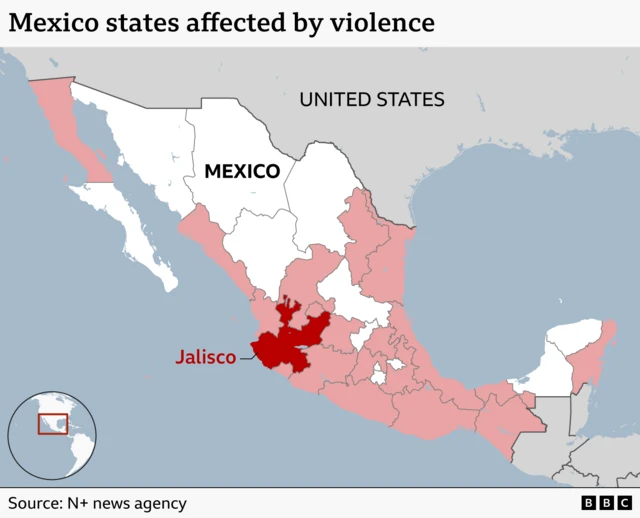 Map shows 20 out of 31 states in Mexico affected by cartel violence since El Mencho's death