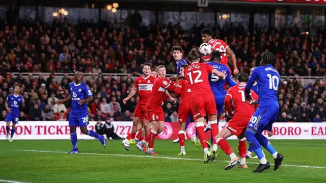 Caleb Okoli nods Leicester in front at Middlesbrough