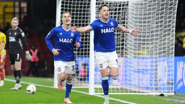George Hirst celebrates scoring Ipswich's second at Watford