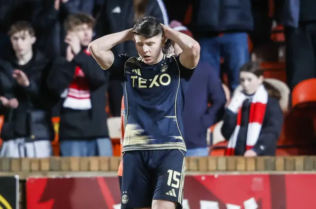 Aberdeen's Kevin Nisbet looks dejected after missing a chance during a William Hill Premiership match between Dundee United and Aberdeen at the CalForth Construction Arena at Tannadice Park,