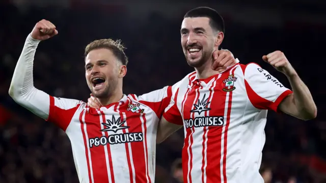 Leo Scienza and Finn Azaz celebrate Southampton's fourth goal in the 5-0 win over QPR