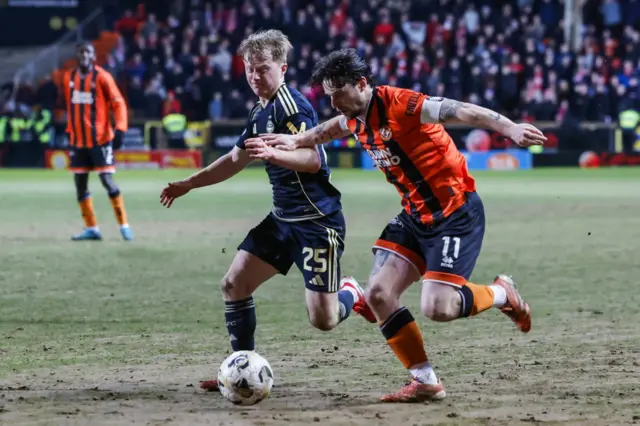 Aberdeen's Lyall Cameron (L) and Dundee United's Will Ferry (R) in action during a William Hill Premiership match between Dundee United and Aberdeen at the CalForth Construction Arena at Tannadice Park,