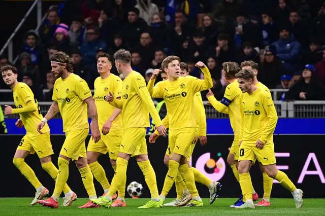 Bodo/Glimt's Norwegian forward #10 Jens Hauge (3R) celebrates scoring his team's first goal