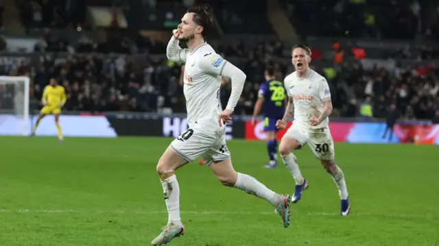Liam Cullen celebrates for Swansea