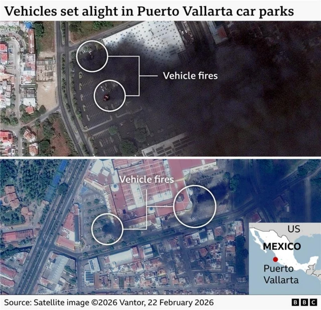 Satellite images show vehicle fires in Puerto Vallarta, Jalisco state, Mexico