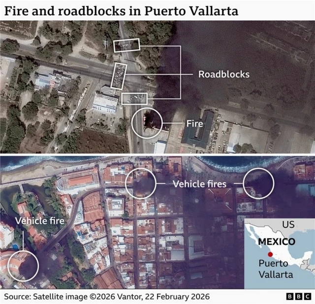 Satellite images show vehicle fires and roadblocks in Puerto Vallarta, Jalisco state, Mexico