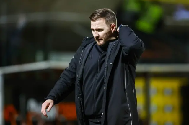 Aberdeen Interim Manager Peter Leven looks dejected at full time during a William Hill Premiership match between Dundee United and Aberdeen at the CalForth Construction Arena at Tannadice Park,