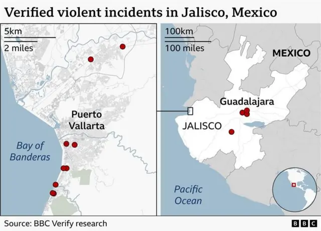Two maps show verified violent incidents in Jalisco state, Mexico, showing plotted points in Puerto Vallerta in the map on the left and Guadalajara in the map on the right