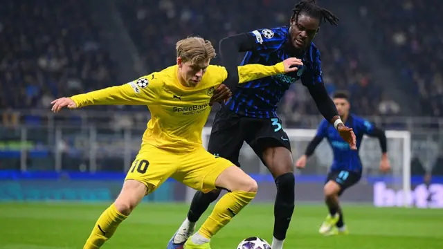 Yann Bisseck of FC Internazionale in action during the UEFA Champions League 2025/26 League Knockout Play-off Second Leg match between FC Internazionale Milano and FK Bodo/Glimt at Stadio San Siro