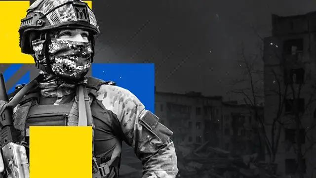 An image of a Ukrainian soldier with blue and yellow squares, in the shades of the Ukrainian flag, behind him