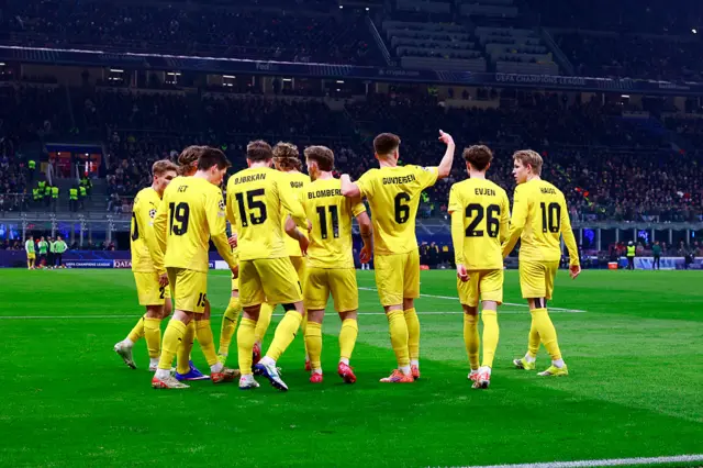 Jens Petter Hauge, Sondre Brunstad Fet, Fredrik Bjorkan, Ole Didrik Blomberg, Jostein Gundersen, and Hakon Evjen celebrate