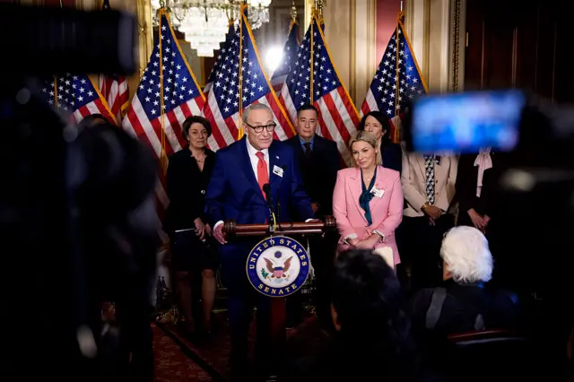 Dani Bensky, an Epstein survivor and advocate (right) stands next to Chuck Schumer who is speaking from a podium.
