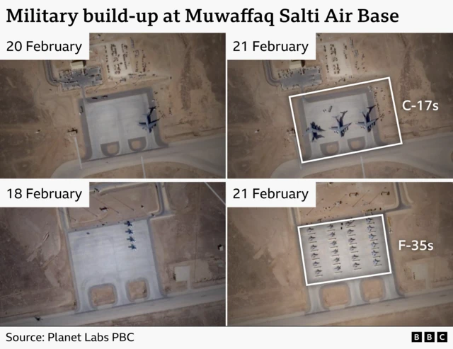 Four satellite images of the air base. A picture of a parking bay on 20 February shows 1 C-17 Globemaster parked and on 21 February there are 3. A different parking bay has four small aircraft in it, but on 21 February those are gone and have been replaced with 24 F-35s