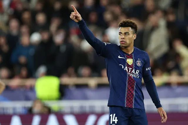 Paris Saint-Germain's French midfielder #14 Desire Doue celebrates
