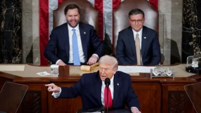 US Vice President JD Vance, from left, President Donald Trump, and House Speaker Mike Johnson, a Republican from Louisiana,