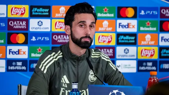 Alvaro Arbeloa, head coach of Real Madrid, speaks during the Training Session and Press Conference