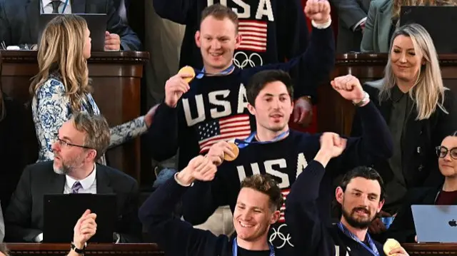 The US men's hockey team show Congress their Olympic gold medals