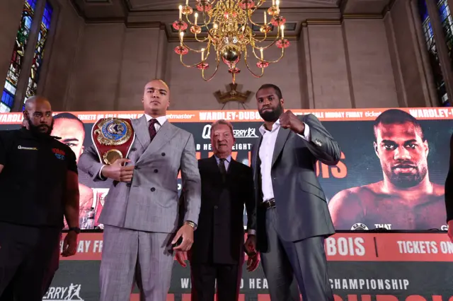 Fabio Wardley and Daniel Dubois pose for pictures at news conference