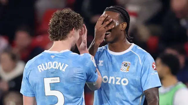 Jack Rudoni and Ephron Mason-Clark celebrating Coventry's second goal at Sheffield United