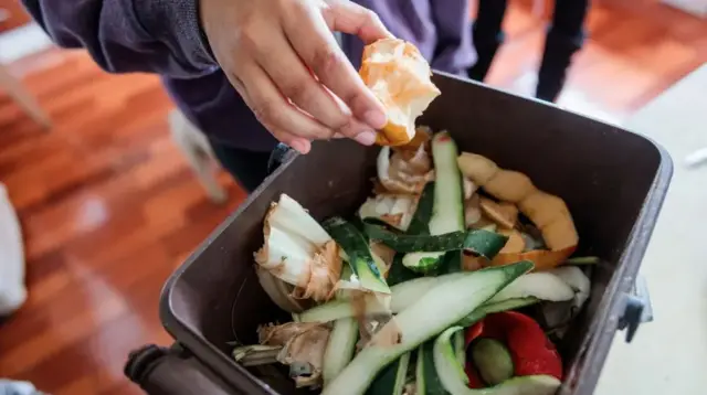 A person putting an apple core into a food recycling bin
