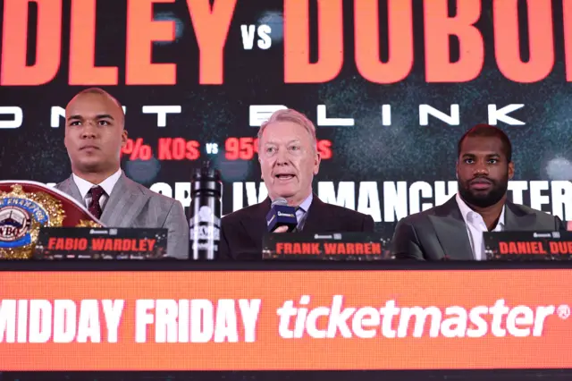 Frank Warren sits in between Fabio Wardley (left) and Daniel Dubois