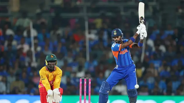 Hardik Pandya of India plays a shot