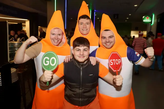 Fans dressed as traffic cones in the Premier League Darts in Belfast