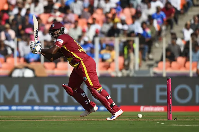Romario Shepherd of West Indies plays a shot