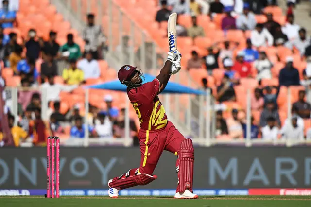 Romario Shepherd of West Indies hits a six