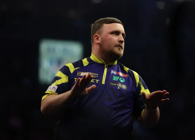 Luke Littler reacts during his match against Jonny Clayton on night four of the BetMGM Premier League 2026 at SSE Arena