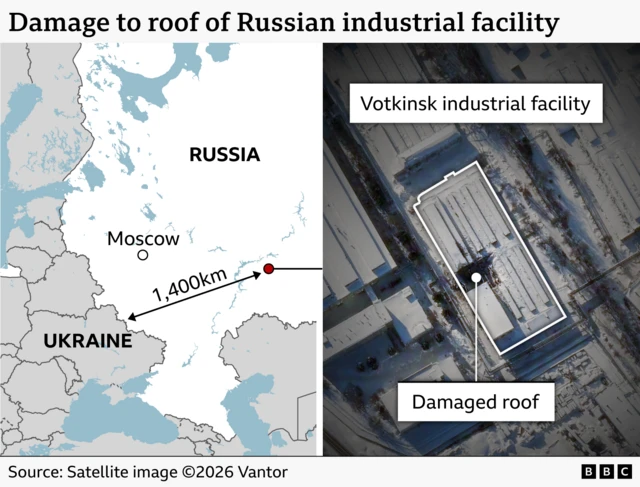 Graphic showing a map of where the facility is and damage and a satellite image of a building with a large hole in its roof caused by a missile strike