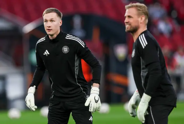 Celtic's two goalkeepers warm up in Stuttgart