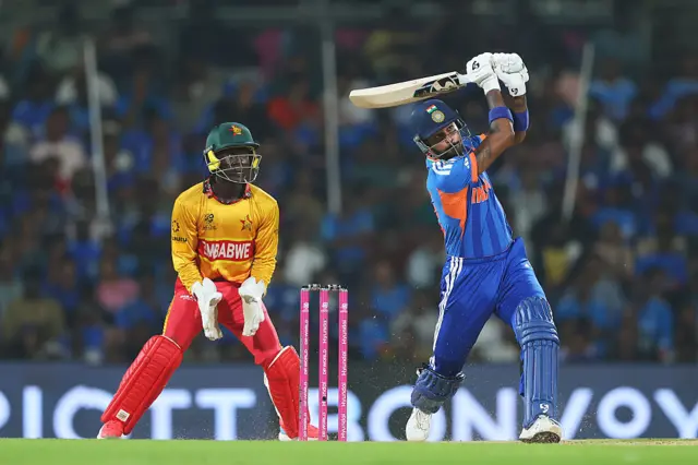 Hardik Pandya of India plays a shot