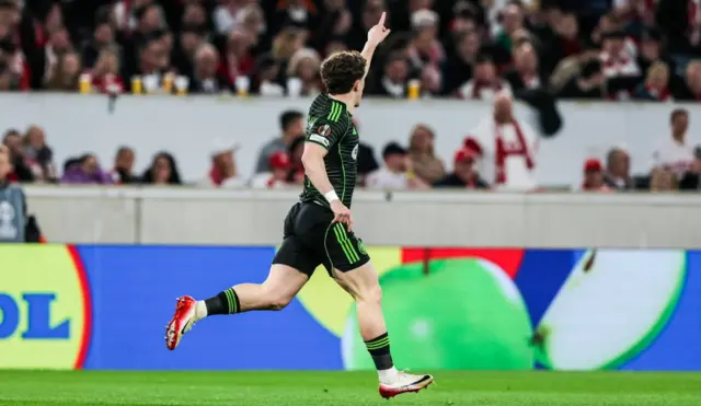 Celtic's Luke McCowan celebrates scoring to make it 1-0 during a UEFA Europa League 2025/26 Play-Off Second Leg match between VfB Stuttgart and Celtic at the MHPArena, on February 26, 2026, in Stuttgart,