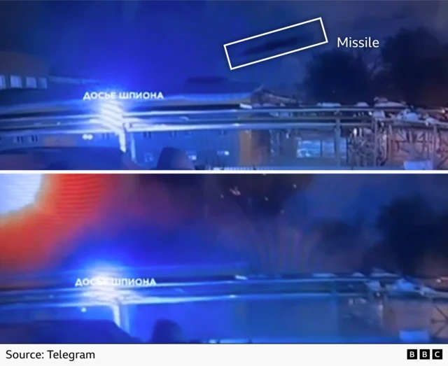 Two screengrabs from the CCTV footage, one highlighting the shape of the missile before impact and the other showing a fireball