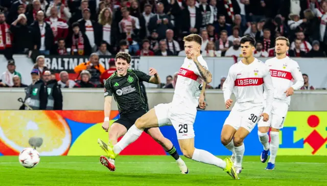 Celtic's Luke McCowan scores to make it 1-0 during a UEFA Europa League 2025/26 Play-Off Second Leg match between VfB Stuttgart and Celtic at the MHPArena, on February 26, 2026, in Stuttgart, Germany