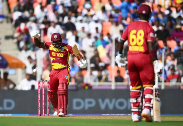 Rovman Powell of West Indies reacts as he bats