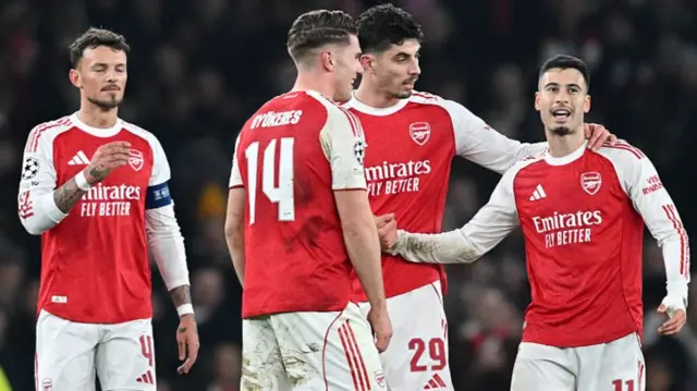 Gabriel Martinelli celebrates scoring Arsenal's 3rd goal with Kai Havertz and Viktor Gyokeres