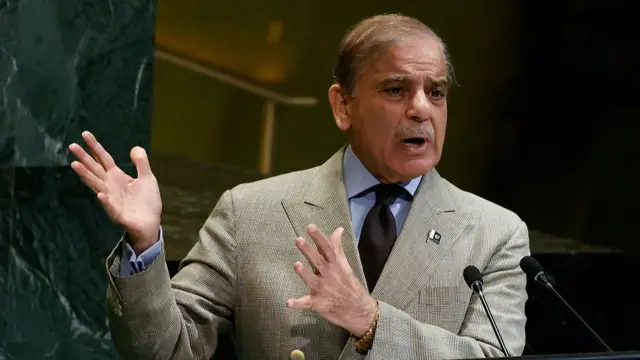 Shehbaz Sharif gestures while speaking into microphones