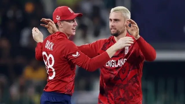 Will Jacks and Harry Brook celebrate a wicket