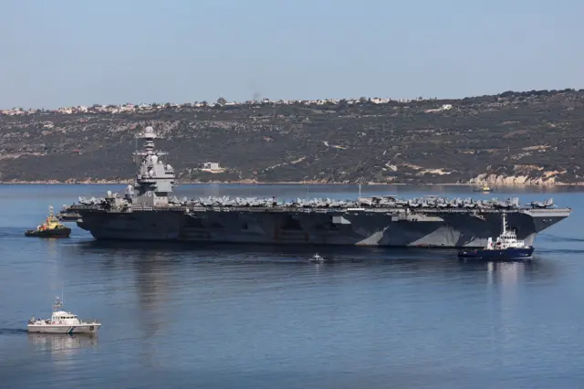 USS Gerald R. Ford aircraft carrier leaves Souda Bay on the island of Crete, Greece